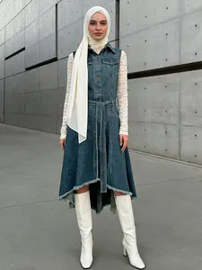 Muslim Style Women's Blue Denim Cardigan Sleeveless Fringe Waist Split Modest Dress, Casual for All Seasons, Perfect for Dates