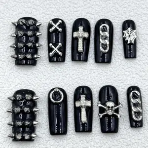 S20 Nailed by Vibe - Gothic Punk Rock Press-On Nails, 3D Spikes Chains Cross Skull Spiderweb Handmade Black Fake Nails for Edgy Halloween Vibes, Gift for Her