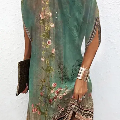 Women's Floral Print Mock Neck Dress, Elegant Short Sleeve Short Dress for Summer, Casual Dresses, Ladies Clothes for Daily Wear, Boho Bohemian Style Clothes Women, Casual Bohemian Fashion, Casual Summer Chic Womenswear
