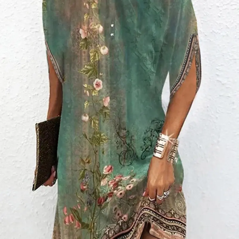 Women's Floral Print Mock Neck Dress, Elegant Short Sleeve Short Dress for Summer, Casual Dresses, Ladies Clothes for Daily Wear, Boho Bohemian Style Clothes Women, Casual Bohemian Fashion, Casual Summer Chic Womenswear