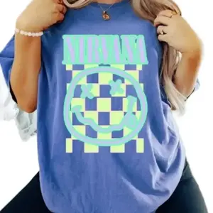 Blue Nirvana Smiley graphic tee Nirvana Preppy 90's Utero Nirvana Tour Album Unisex Hot Pink Vintage Rock Band Oversized Merch Shirt Sweater Blue Smiley Graphic Tee Face Crewneck Sweatshirt Hoodie Classic T-shirt Clothing Casual Comfort