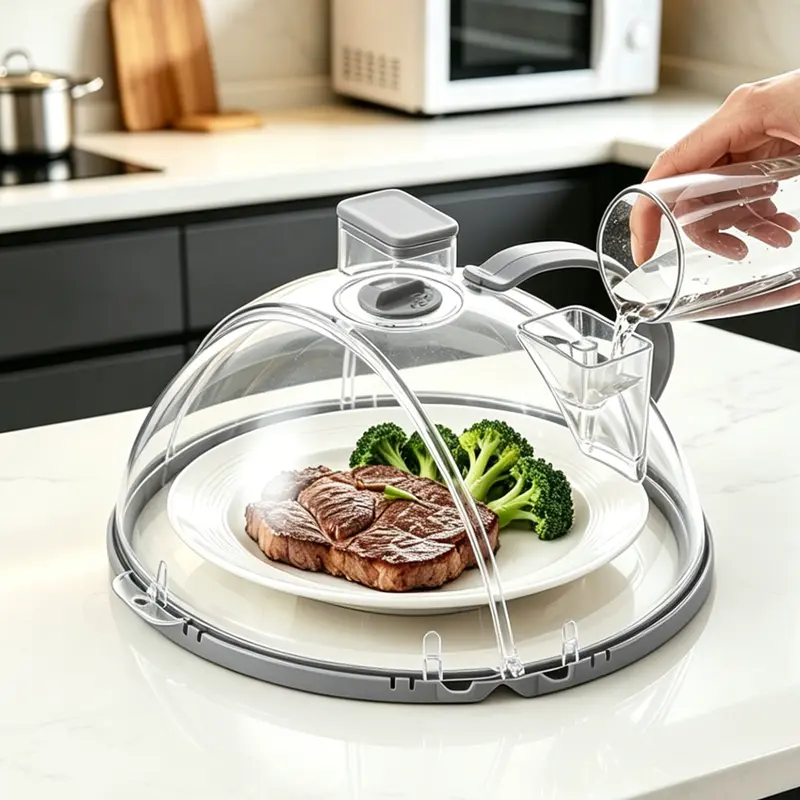 UFORU Sturdy Upgraded Lightweight Foldable 10in Microwave Splatter Cover with 2 Steam Reservoirs, Cool-Touch Handheld Handle, Vented Hanging Lid for Moisture-Rich Heating & Stovetop Steak Protection, Kitchen Supplies Utensils for Daily Use