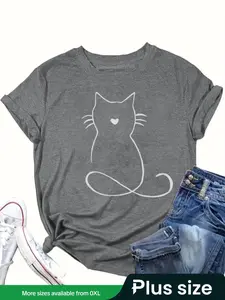 【Plus Size】 Cartoon Cat Print Round Neck Tee, Casual Short Sleeve Crew Neck T-shirt for Daily Wear, Women Clothing for All Seasons
