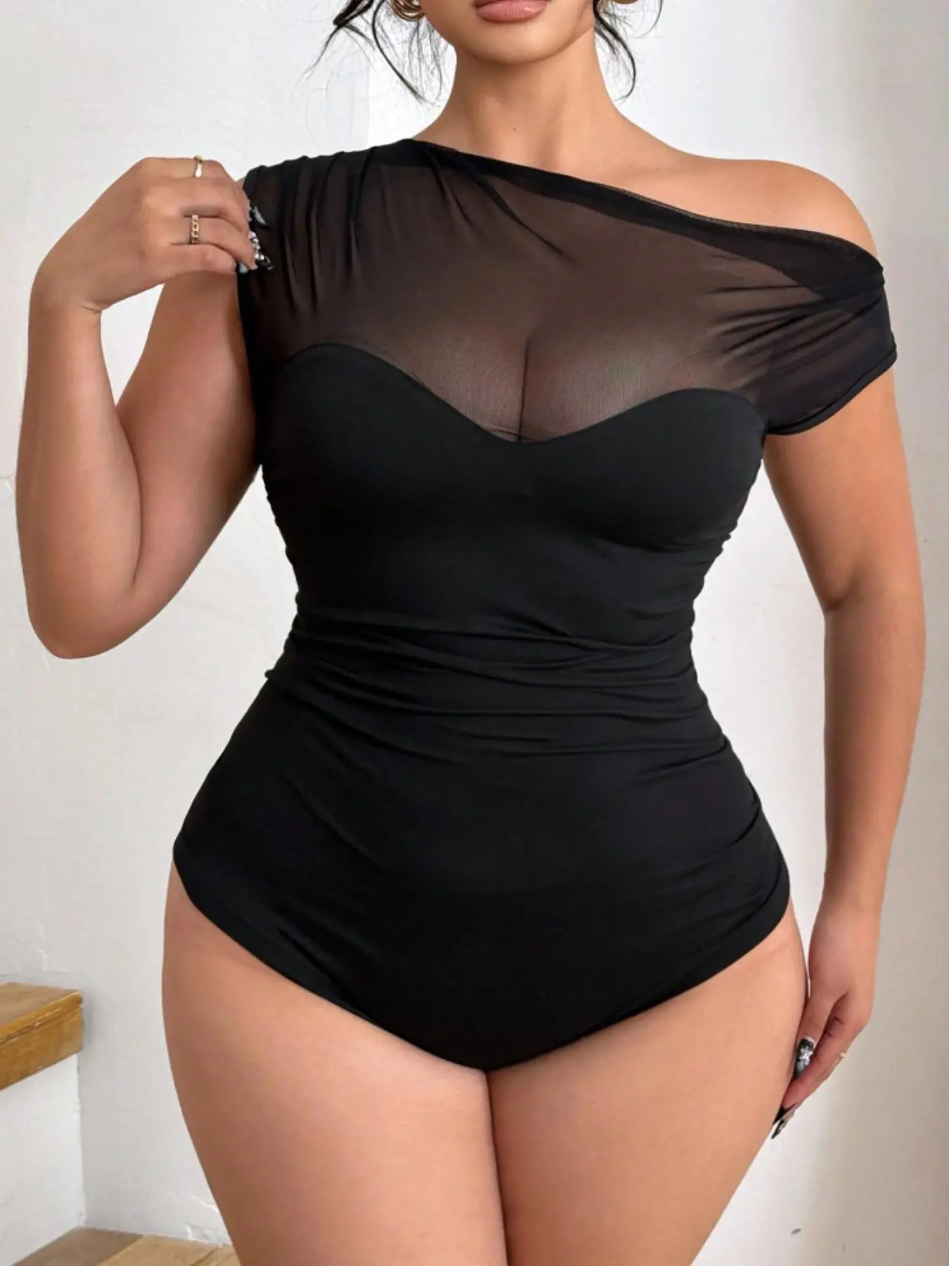 Size Summer Elastic Fit Contrast Mesh Sheer Elegant Bodysuit