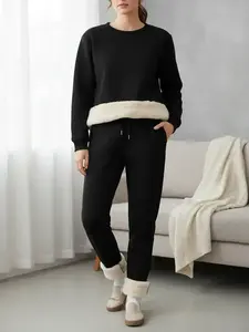 Women's Plain Plush Lined Sweatshirt & Drawstring Waist Sweatpants Two-piece Set, Casual Round Neck Long Sleeve Pullover & Pocket Jogger Pants, Women's Two-piece Outfits for Winter