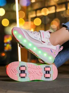 Girls' Four-Wheel Roller Skates, New Wheel Sports Shoes, Adjustable Velcro Skate Shoes, Breathable Mesh, LED Light-Up, USB Charging, Shoes with Wheels