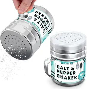 10oz Stainless Steel Salt Pepper Dredge Shakers - With Plastic Cap - With Handle - Pack of 2