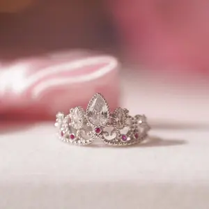 Princess Crown Ring for Girls - Elegant Design with Decorative Stones and Floral Accents