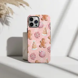 Gingerbread Christmas Phone Case, Cute Holiday Cookie Design with Pink Snowflakes, Festive Winter Gift, Tough Case MagSafe Case for Model X 11 12 13 14 15 16 17 Pro Max S21 S22 S23 S24 S25 Ultra