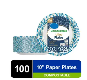 Ultra Compostable Disposable Paper Plates 10" Multi-Color 100 Count Compostable 100 Plates 10 Inch Soak-Proof Coating