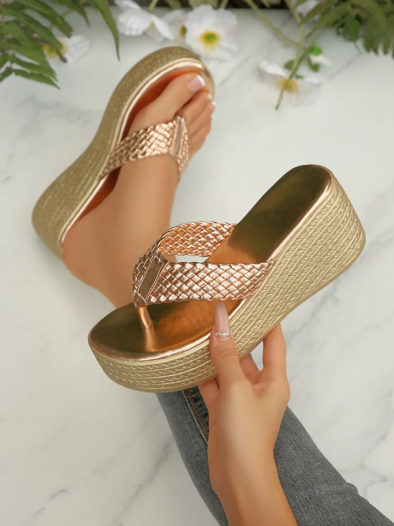 Boho Style Woven Sandals Thick Sole Rubber Wedge Design Beach Vacation Daily Commute Slippers, Comfortable Summer Footwear for Women
