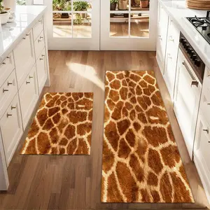2Pcs brown leopard print Floor mat set including farmhouse kitchen Rug dining room flooring laundry room decorative carpet mat