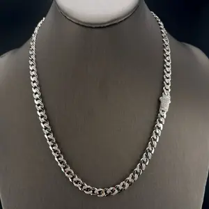 925 Sterling Silver Rhodium-Plated Miami Cuban Half-Link Studded Clear CZ Necklace, 6.9mm