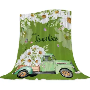 Summer Throw Blanket Farmhouse Daisy Throw Blanket Spring Summer Theme Blanket for Couch Sofa Bed Lightweight Soft Fuzzy Plush Flannel Green Floral Flower Blankets Home Decorations