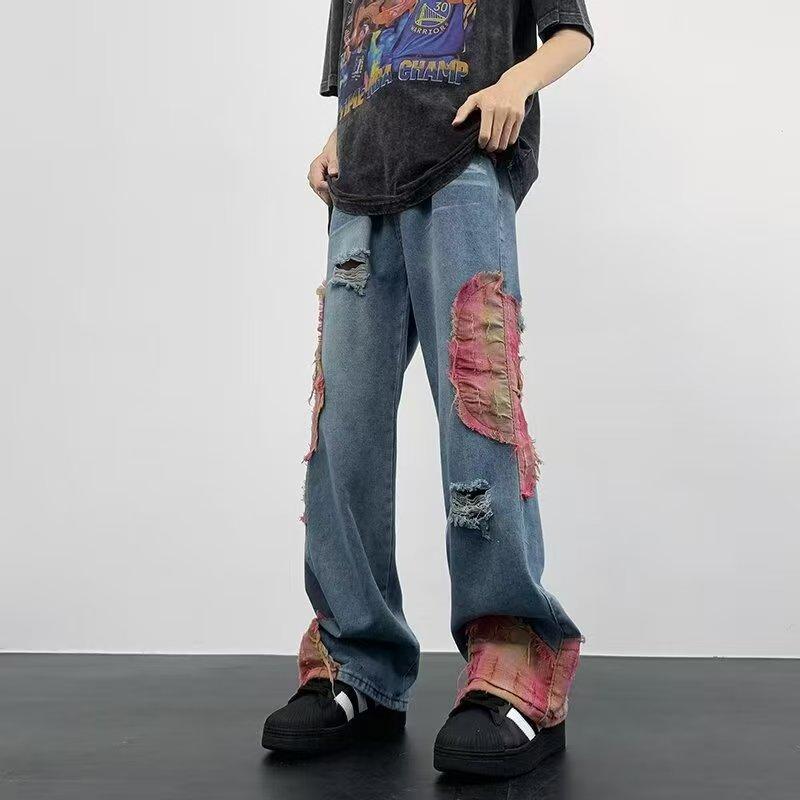 High Street Hip-Hop Flared Jeans for Men And Women Summer Street Design Splicing Mopping Pants, for Outdoor(button Holes Not Opened At Waist)