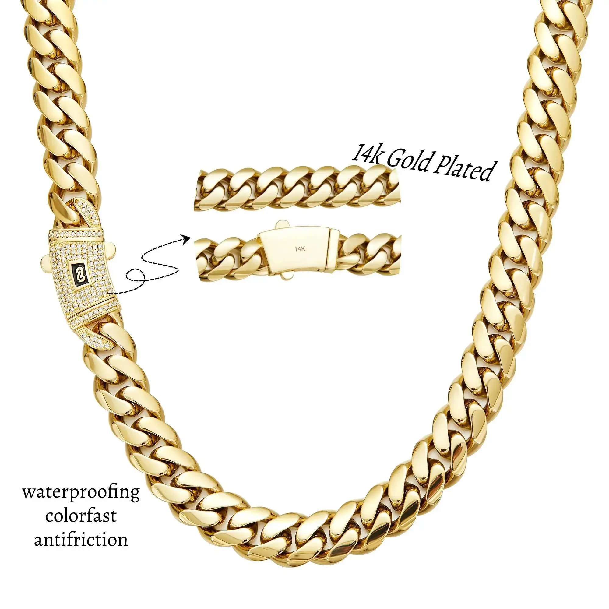 14K Real Gold-Plated Miami Cuban Necklace Waterproof, Fade-Proof Hypoallergenic The Latest Electroplating Process for Rust Prevention Miami Link Chain Items Hip-Hop Style Fashion Timeless Shine for Every Look men's jewelry