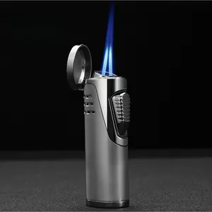 High-end metal torch lighter, Wind Resistant Refillable Gas Lighters, with Gift box & 8mm hole opener, Visible Fuel, for smokers Camping Candle Grill BBQ (No fuel)