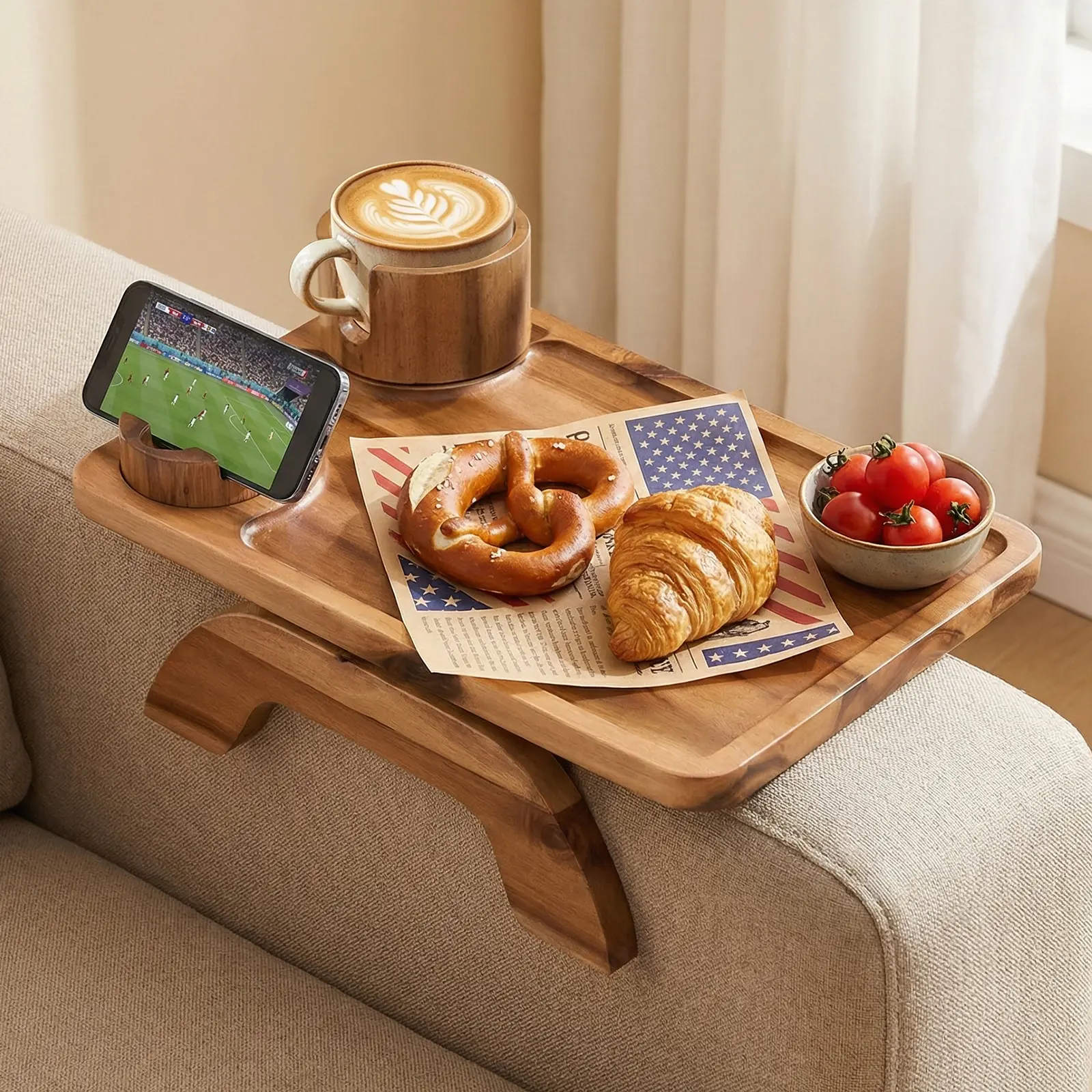 Sweetcrispy 3-in-1 Clip-On Wide Armrest Tray - 15.36" Long 9.85" Wide Acacia Wood Indoor Sofa Side Table, Natural Wood Grain, Secured Fit, 360° Rotating Coffee Cup Holder, Device Stand, Round/Square/Curved Compatibility, Thoughtful Gift