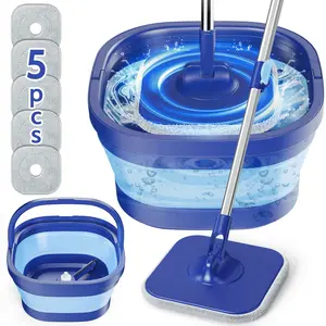 SUGARDAY Spin Mop and Bucket with Wringer Set for Floors, Collapsible Bucket with handle and Flat Wall mop with 5 Microfiber Pads