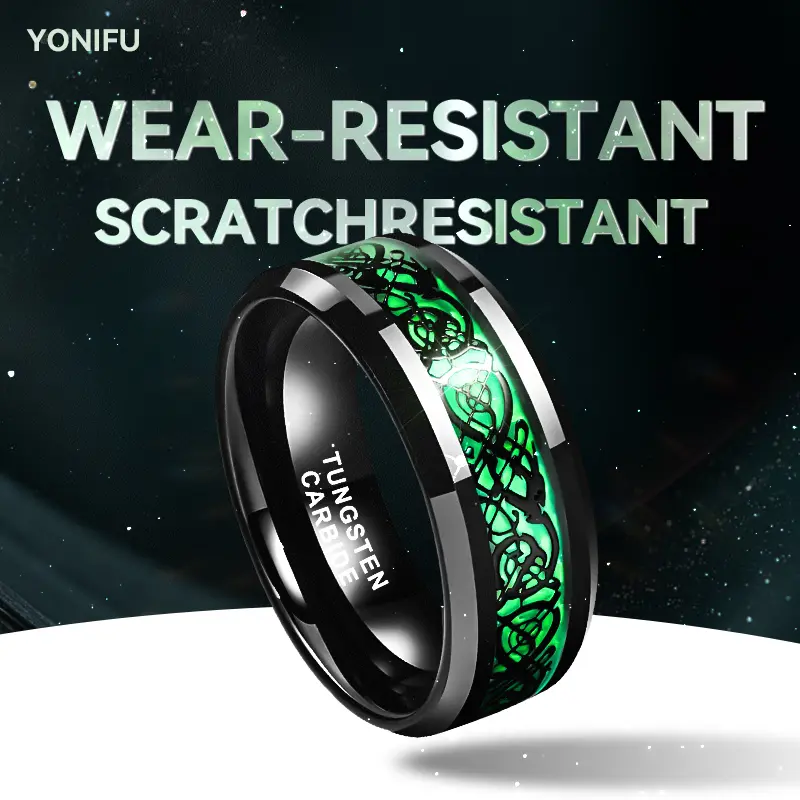 Yonifu Men's Tungsten Ring, 8MM Black Celtic Dragon Glow-in-the-Dark Design, Statement Engagement Wedding Band, Engagement Wedding Rings, Statement Rings