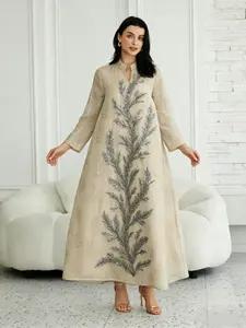 Middle Eastern Ramadan Eid Embellished Beaded Floral Kaftan, Dubai Style Luxury Lady Abaya, Elegant Loose-Fitting Long Robe