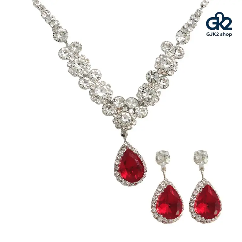 Teardrop Jewelry Set for Women, Bold Glamour Red Crystal Rhinestone Collar Necklace & Earrings, Artistic Bling Effect Party Accessory, Thoughtful Gift, Women's Fashion, Artistic Jewelry Sets, Crystal Rhinestone Jewelry Sets