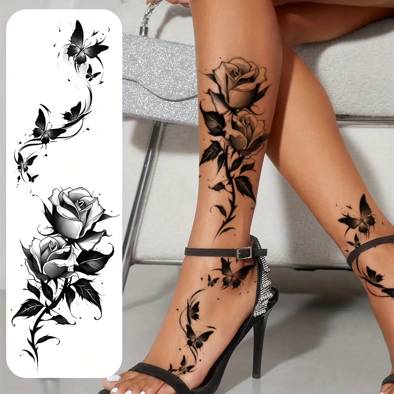 2pcs Black Flower & Butterfly Temporary Tattoo Stickers For Women, Body Fake Tattoos, Ephemeral Tattoos, Waterproof & Long Lasting Fake Tattoo For Arm, Leg & Chest