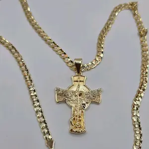 Saint Michael's Cross Cuban Link Chain Gold-Plated Beautiful Style 24 Inches 14k Necklace gold-plated