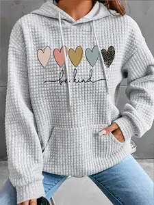 Women's Trendy Hooded Sweatshirt Heart Pattern Long Sleeve Pullover, Fall & Winter Casual Top, Comfortable Warm Clothing, Cute Sweatshirt