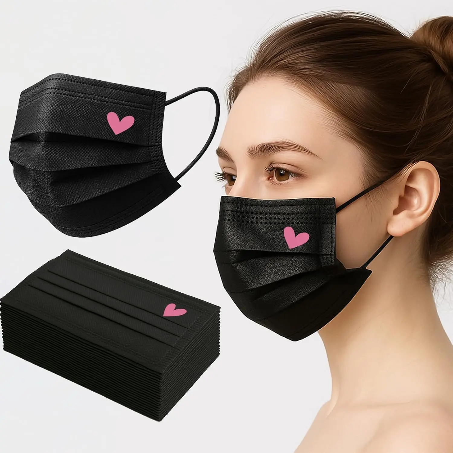 Disposable Protective Face Masks for Adults, 50 Pack Black, 3-Ply Breathable with Cute Heart Print and Comfortable Earloops, Protective Face Mask