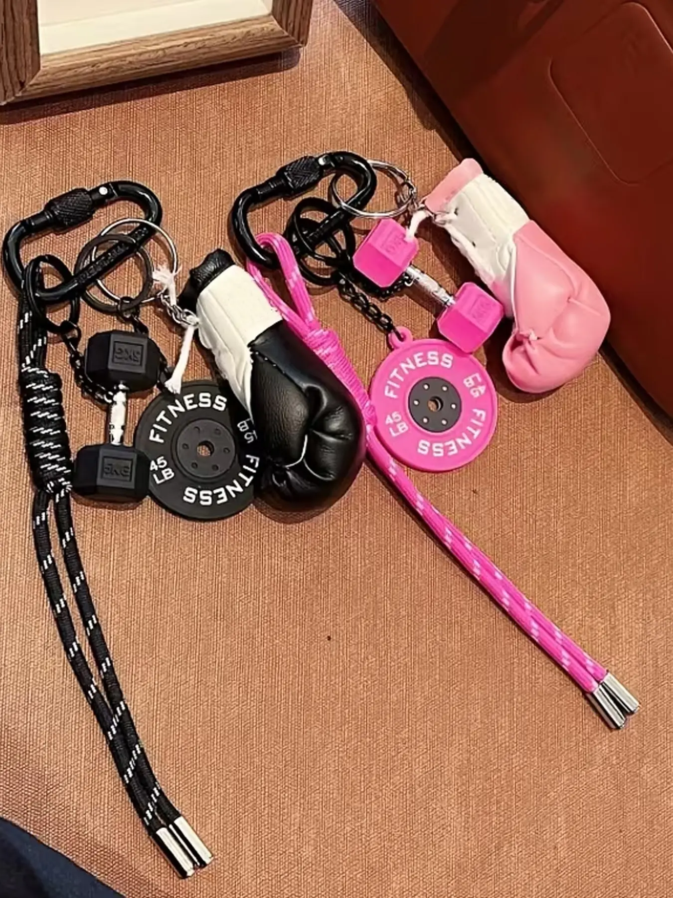 Trendy Sporty Fitness Style Boxing Glove Keychain Accessories: Boxing Gloves, Dumbbell And Barbell Shaped Pendant, Black/Pink Dual-Color Personalized Accessory, Suitable For Keys/Bags, Small Fashion Item For Sports Enthusiasts, Keychain For Purse
