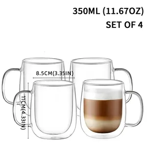 4 Piece Set, 350ML/12oz Dual-Layer Insulated Glass Coffee Cups with Handle, Reusable High-Quality Drinkware for Cold & Hot Drinks
