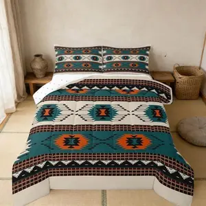 Boho Comforter Set Southwest Native American Design Comforter Set Southwestern Geometric Bedding Set Tribal Duvet Set Teal Beige Quilt Set