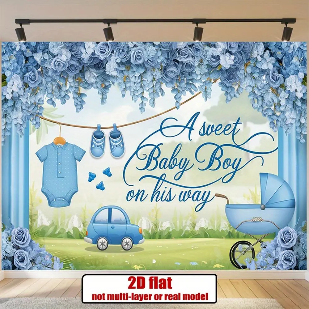 1PC Polyester Reusable 2D Flat Blue Floral Baby Boy Flower Banner, with Stroller & Car Multicolor Print, Ideal for Baby's First Birthday Shower, Indoor/Outdoor Wall Decor Banner, Baby Shower