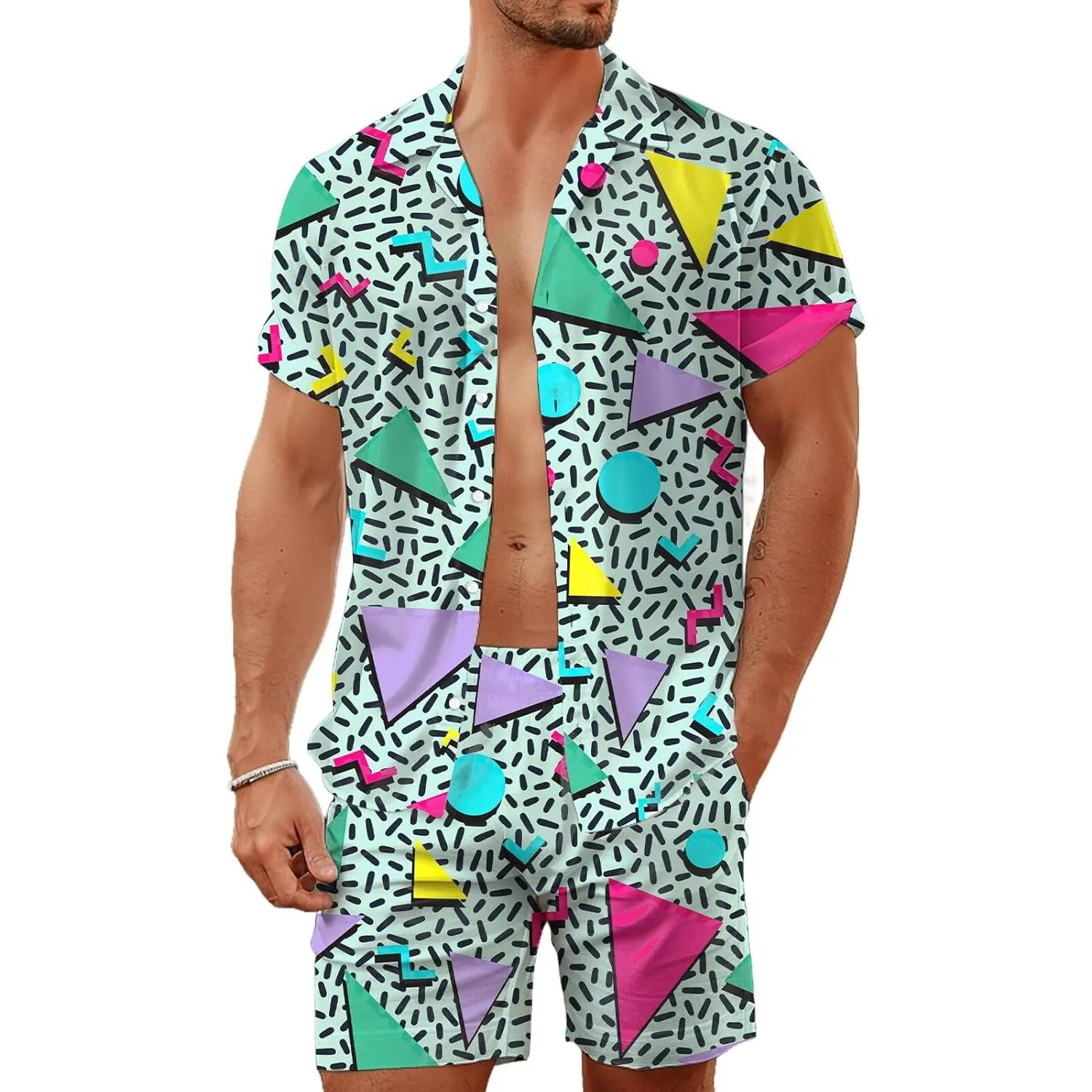 Men's 2-Piece Polyester Hawaiian Outfits - Button-Down Shirt & Shorts Sets, Menswear Beachwear Print Attire for 80s-90s Disco, Birthday Events, Shortsleeve