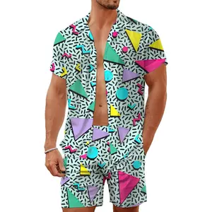 80s 90s Men's Hawaiian Outfits 2 Piece Shirt and Shorts Sets Button Down Beach Suits Disco Party