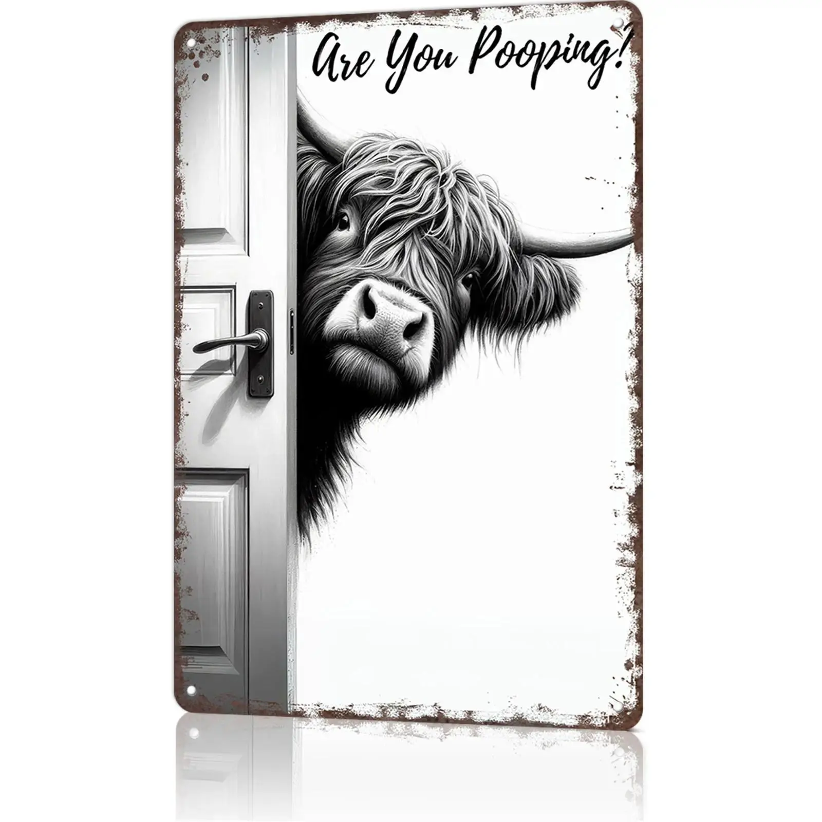 8x12in Fluffy Highland Cow Tin Sign, Funny Vintage Black-White Peeking Cow Hanging Farmhouse Wall Art Sign, Rustic Farm Animal Door Plaque Home Supplies, Home Decor Gifts for Toilet