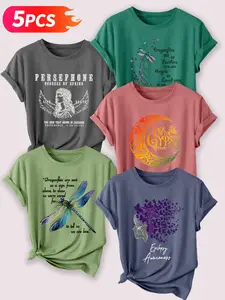5PCS Mystical & Awareness Themed Women's Casual Short Sleeve Crew Neck Cotton T-Shirt Set – Bestselling Graphic Print, Multicolor, Machine Washable Spring & Summer Top, Soft Skin-Friendly Fabric, Daily Versatile, Fashion Design