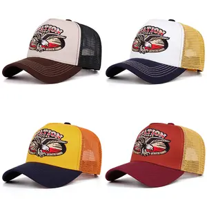 Neutral Eagle Embroidery Mesh Trucker Hat Station Series Women's Cap Hip Hop Fashion Color Blocked Outdoor Men's Golf Hat Adjustable for 56-61 cm