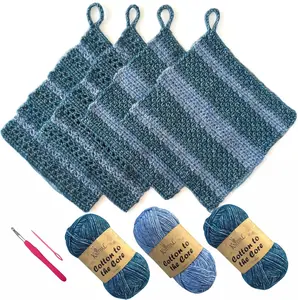 KnitPal Everyday Joy Dishcloth Crochet Kit | Make 4 Reusable Dishcloths | Cotton DK Yarn, Hook | Pattern & Video Guide | Confident Beginner (Jean Blue + Sky Blue)