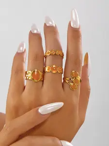 4-Piece Vintage Bohemian Style Ring Set, Rustic French Retro Gold Flower Rings, Stainless Steel Jewelry Collection