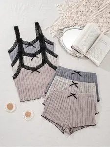Women's Sleepwear Set, 3-Piece Comfortable Striped Pajamas, Casual Home Wear, Loungewear, Sleeveless Top & Shorts, Perfect for Relaxing at Home