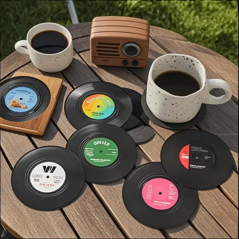 6 Piece Vintage Vinyl Record Wooden Coasters, Eco-Friendly Non-Slip Heat Resistant Drink Mats, Retro Music Art Design, Hand Washable Home Office Party Decor, Round Coaster Coaster Set