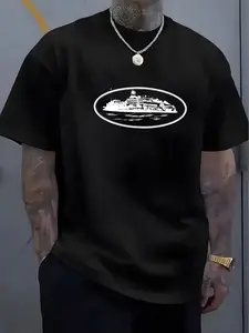 Men's Casual Geometric Print Long Sleeve T-Shirt, Fitted H-Type Summer Streetwear, Quick-Dry Sporty Top, Trendy Fashion Apparel