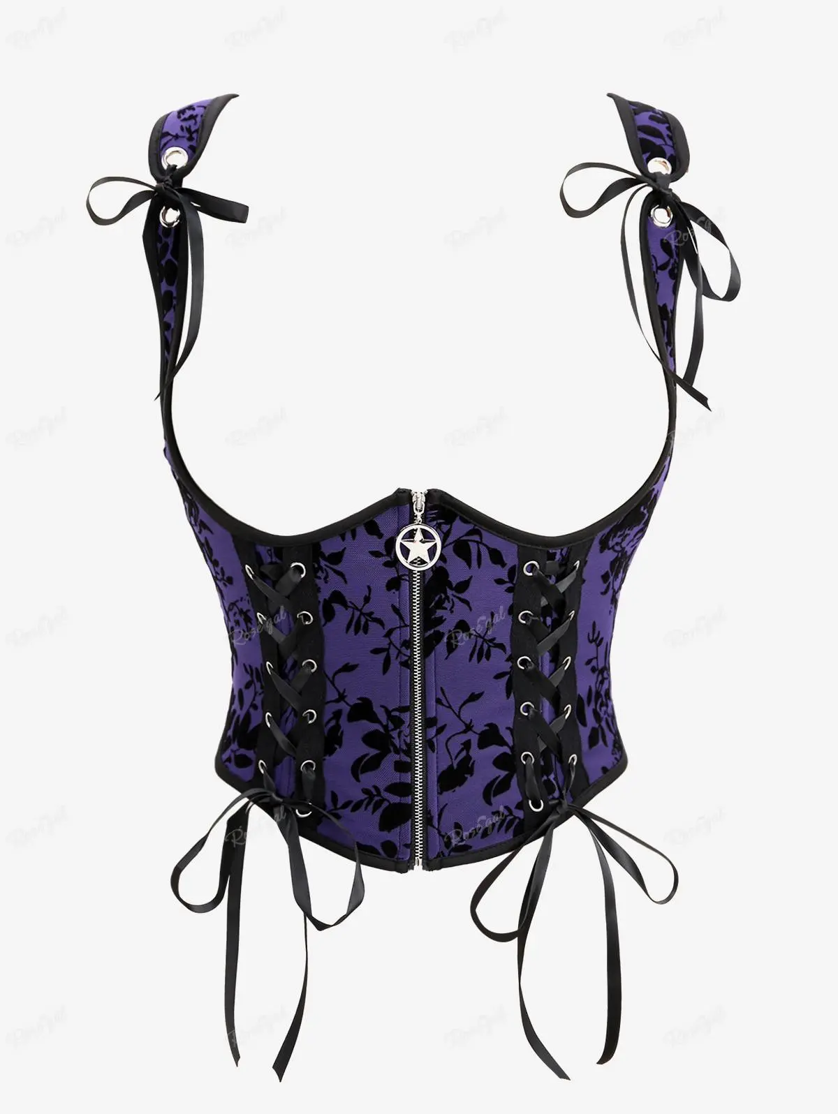 Rosegal Underbust Corset for Women, Gothic Floral Flocking Mesh Shapewear with a Pentagram Zipper, Star Buckle and Lace-Up Back, Style