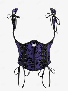 Rosegal Women's Wireless Strapless Gothic Floral Mesh Flocking Underbust Corset - Lightweight Polyester Shapewear, Lace-Up Closure, Pentagram Zipper, Adjustable Ribbons, Star Buckle, Stylish Design, Compatible with Costumes & Accessories (Women's Clothes)