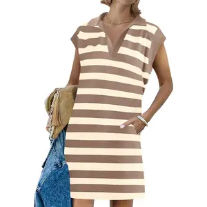 Fessceruna Womens Striped Summer Mini Dress Casual Cap Sleeve Polo V Neck T Shirt Dresses with Pockets