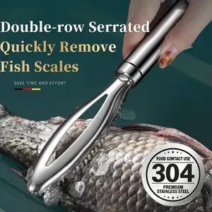 304 Stainless Steel Fish Scaler, Double Row Serrated Fish Scale Remover Tool, Fast Efficient Fish Scaler Peeler for Kitchen, Easy Clean Fish Scale Scraper with Ergonomic Handle - YY