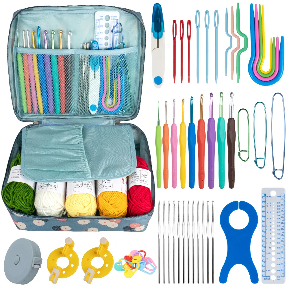 59PCS Beginner Crochet Kit with Yarn, Ergonomic Crochet Hooks, Complete Knitting & Crochet Accessories, Hanging Storage Bag for Adults DIY Crafts
