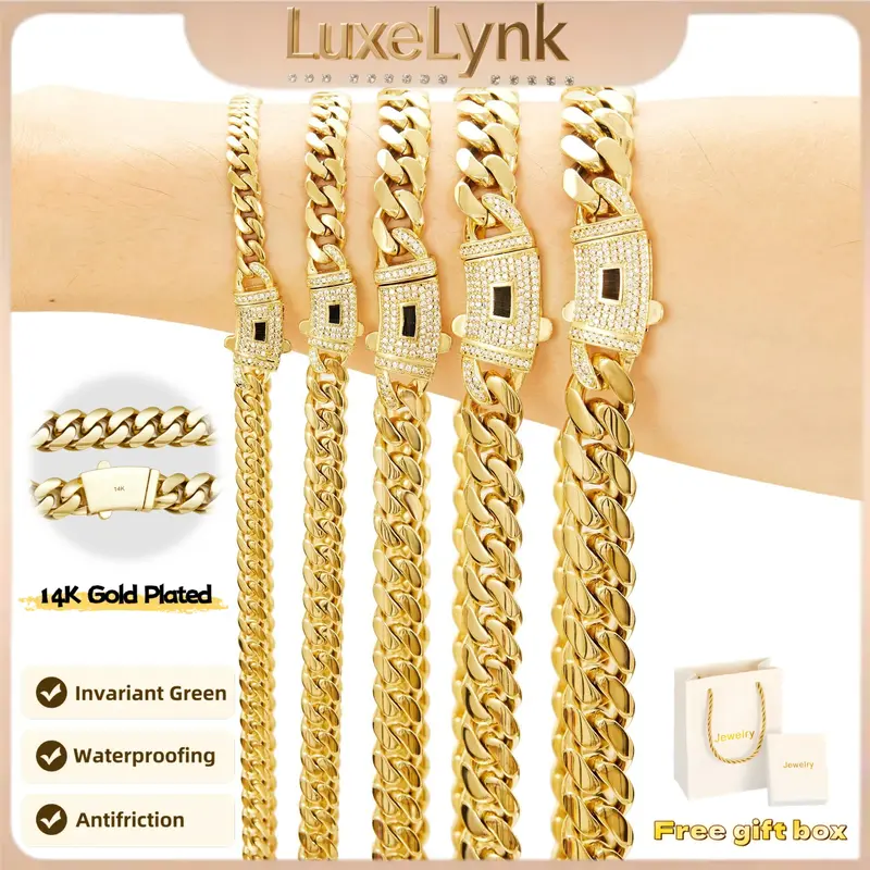 【Zircon model】14K gold-plated Cuban necklace.The new craftsmanship and classic white stone inlay design are dazzling.Miami Cuban necklace combines tradition and fashion.The best gift for him/her.6mm/8mm/10mm/12mm/14mm are available.